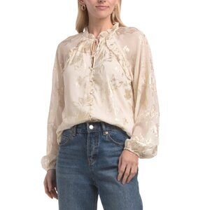 HAVER + BLAIR Ivory/Gold Yoryu With Floral Foil Printed Long Sleeve Top